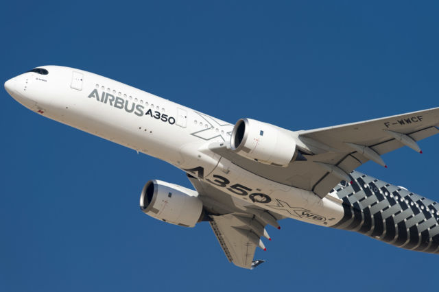 The Airbus A350 XWB aircraft, shown here during the Dubai Airshow in 2015, has more than 50,000 sensors collecting flight and performance data totaling over 2.5TB a day.