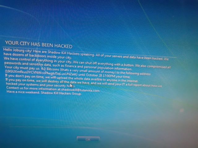A purported screenshot of the note left by attackers of Johannesburg.
