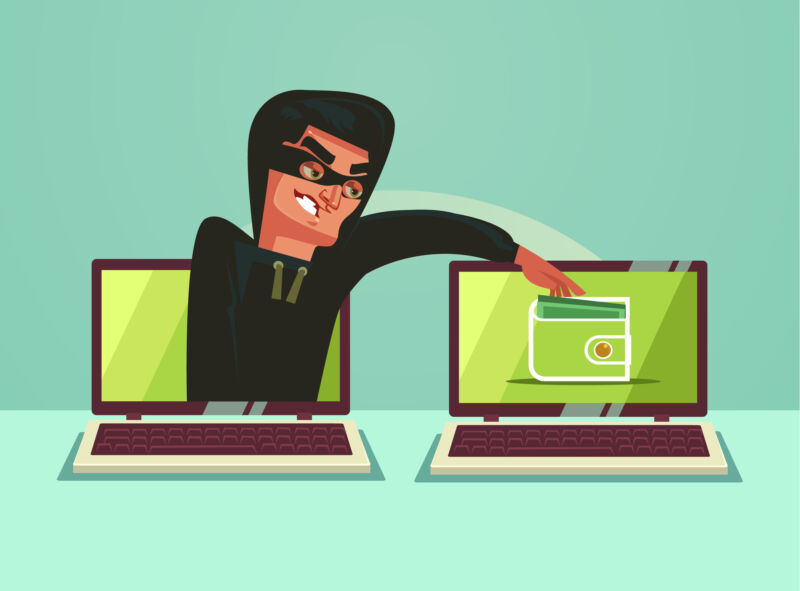 A cartoon depicts a thief emerged from one computer and reaching onto the screen of another.