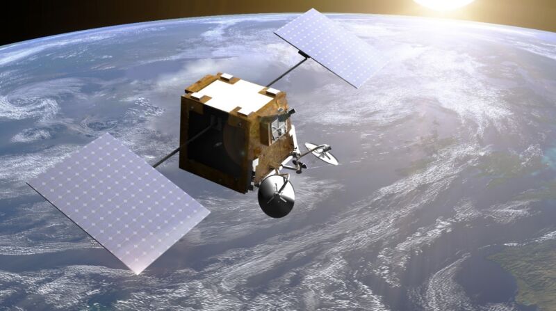 Illustration of a boxy satellite orbiting the Earth.