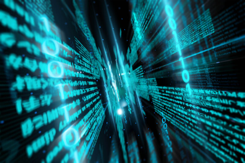 Close up of digital data and binary code in network.