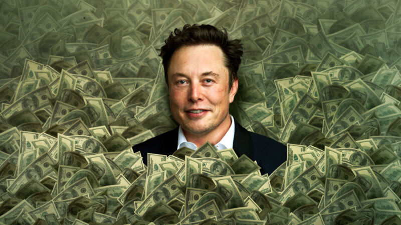 A photoshopped image of Elon Musk emerging from an enormous pile of money.