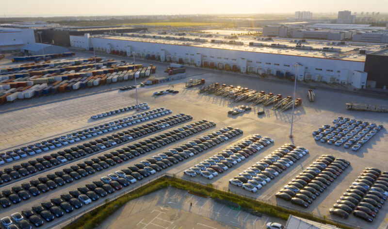 The parking lot of Tesla's Shanghai factory was full of new cars in October 2020.