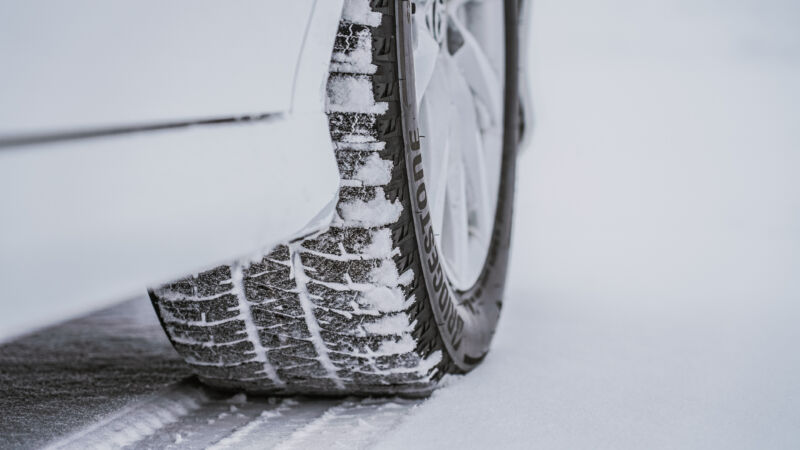 A closeup of Bridgestone's latest Blizzak tire in its natural environment. 